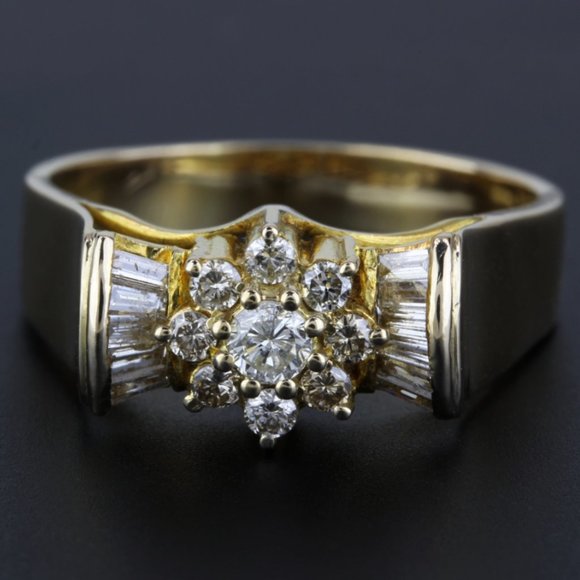 Vintage 14K Yellow Gold Round & Baguette Diamond Anniversary Band Cocktail Ring - Picture 5 of 6